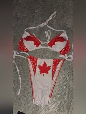 NWOT Red & White Canada Flag Triangle Bikini Top and Tie-Side Bottoms Size M